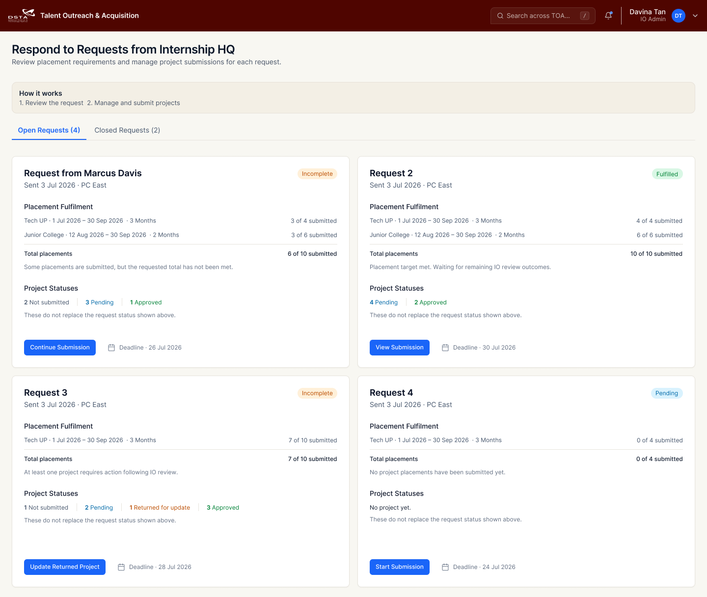 AD P and C internship request list before the reviewed updates